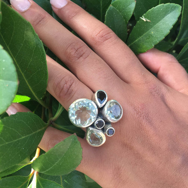 Slim Flower Cocktail Ring Green Amethyst and Smokey Quartz