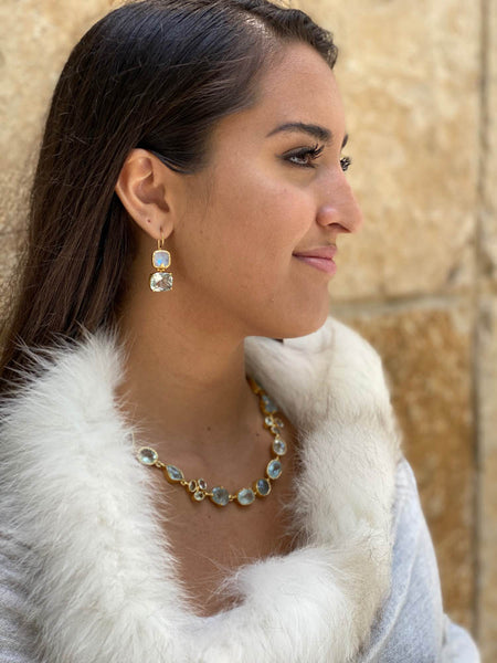 Hinged Double Square Earrings White Moonstone and Green Amethyst