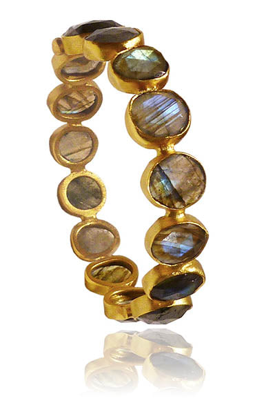 Gold Plated Single Lined Peacock Small Stone Labradorite Pin Bangle