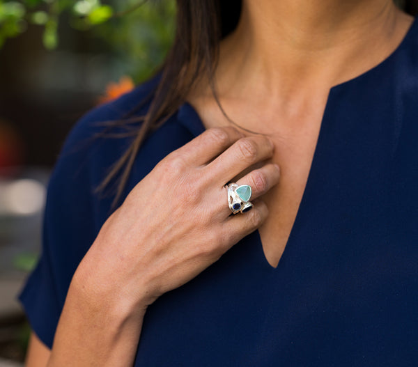 Twisted Twig Cocktail Ring Aqua Chalcedony and Iolite