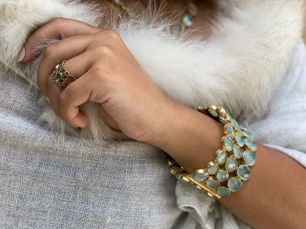 Mosaic Jaipur Cobblestone Cuff Aqua Chalcedony with Rough Cut Diamond (Triple Line)