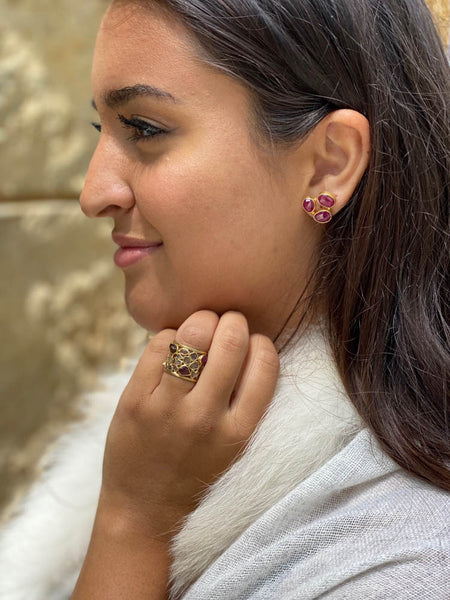 Three Stone Rani Studs - Rough Cut Ruby