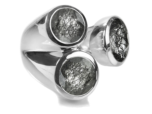 Three Stone Jaipuri Non-Connect Ring Black Rutile Quartz