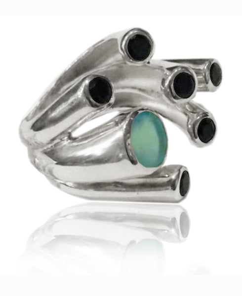 Desert Print Ring Aqua Chalcedony and Black Onyx 7