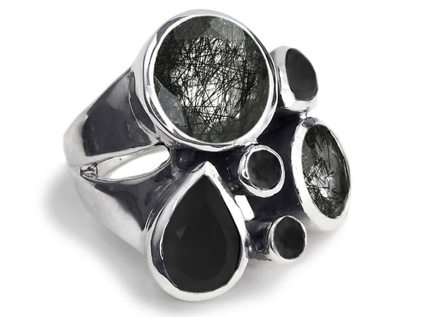 Slim Flower Cocktail Ring Black Onyx and Black Rutile Quartz