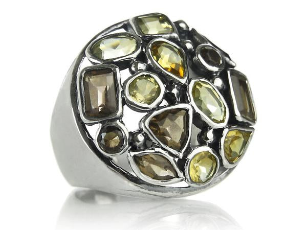 Gaudi Mosaic Cocktail Ring Citrine and Smokey Quartz