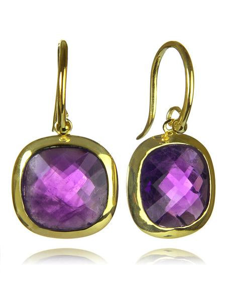18K Gold Plated Framed Rounded Square Classic Earrings Amethyst