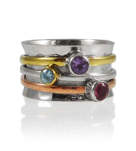 Tel Aviv Three Stone Spinner Ring Tourmaline, Amethyst, Blue Topaz