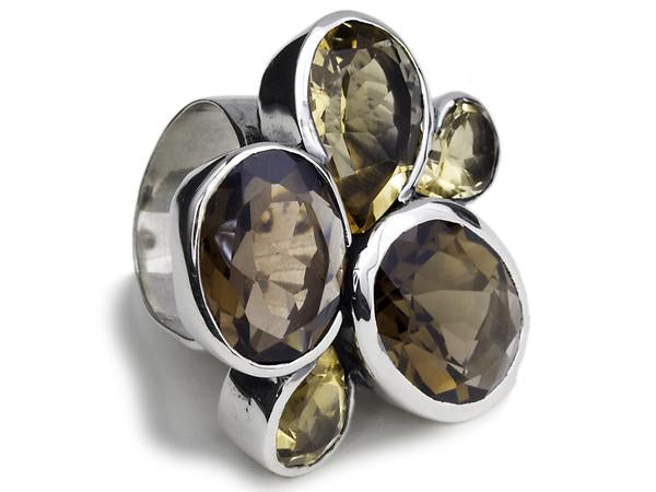 Flower Cocktail Ring Smokey Quartz and Citrine