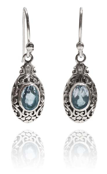 Small Bali Oval with Stone Earrings Blue Topaz
