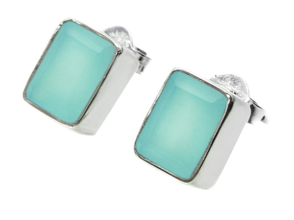 Small Square Gemstone Studs Aqua Chalcedony