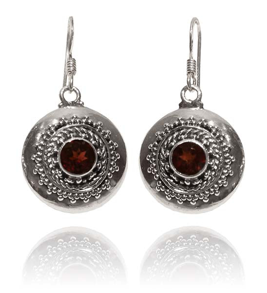 Bali Circle with Stone Earrings - Garnet