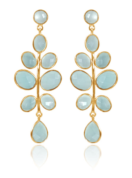 Gold Plated Budding Branch Earrings Aqua Chalcedony