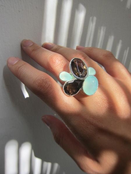 Flower Cocktail Ring Aqua Chalcedony and Smokey Quartz
