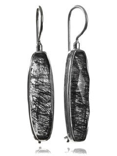 Mini Faceted Vertical Drop Earrings Black Rutile Quartz