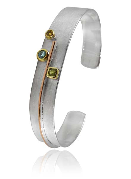 Mixed Metal Three Stone Cuff Peridot, Citrine, Blue Topaz