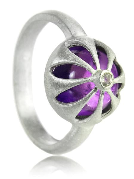 18K Gold Plated Arabesque Flower Cut Out Ring Amethyst