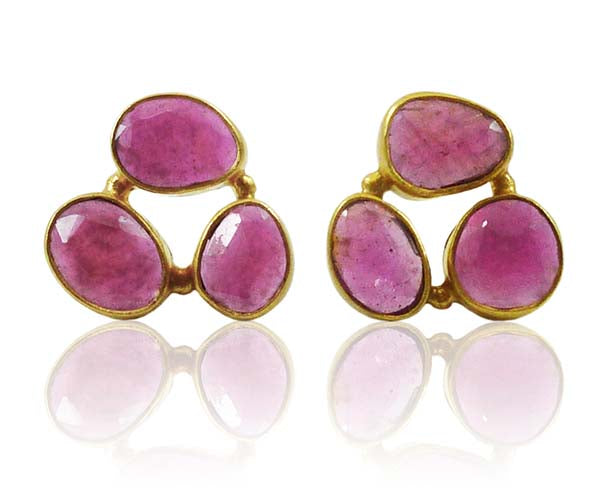 Three Stone Rani Studs - Rough Cut Ruby
