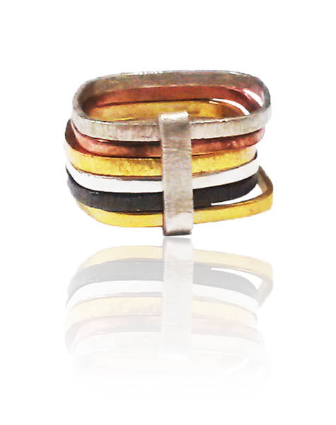Six Multi Habimah Square Stacked Ring