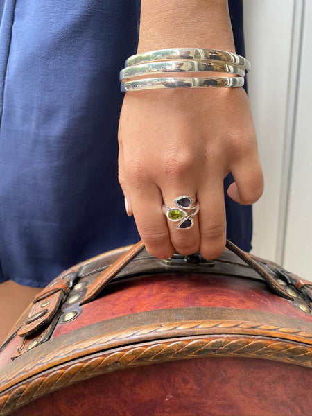 Three Stone Leaf Wrap Ring Peridot and Iolite