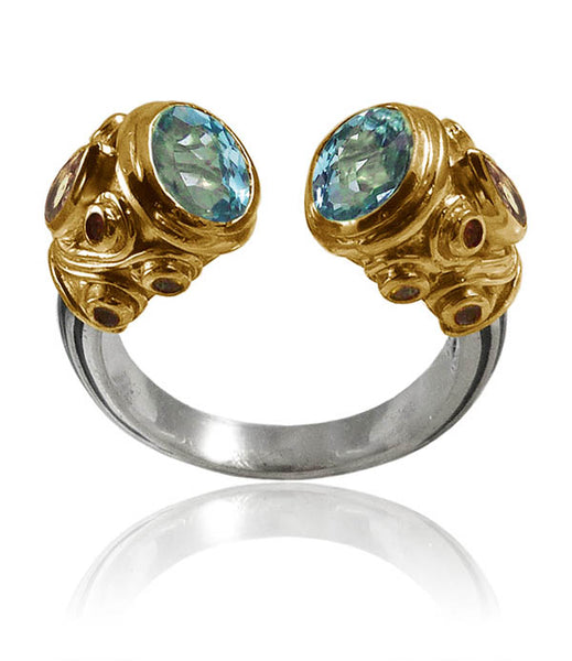 Indian Small Serpentine Open Stone Ring Blue Topaz