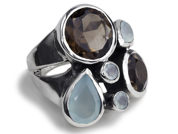 Slim Flower Cocktail Ring Aqua Chalcedony and Smokey Quartz