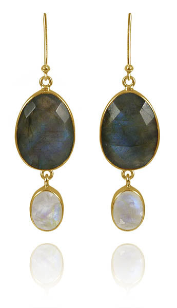River Rock Stone and Drop Earrings Labradorite and White Moonstone