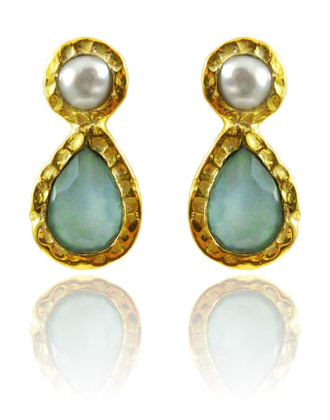 Gold Plated Hammered Vertical Indian Peacock Studs Aqua Chalcedony and Pearl