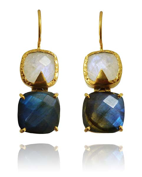 Hinged Double Square Earrings White Moonstone and Labradorite