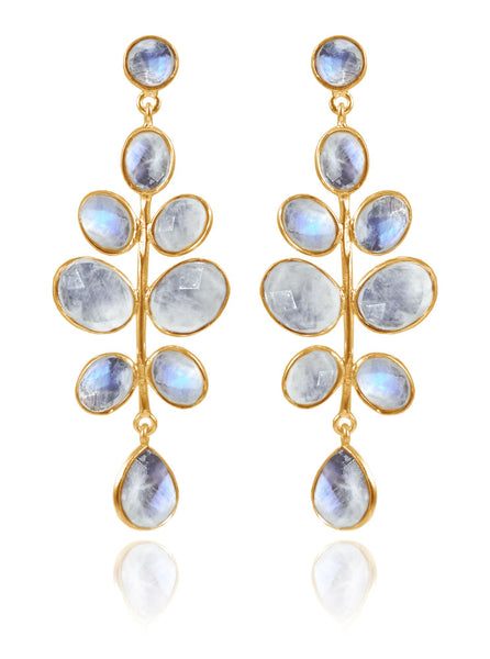 Gold Plated Budding Branch Earrings White Moonstone