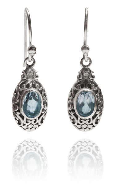 Small Bali Oval with Stone Earrings Blue Topaz