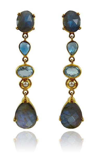 Large Teardrop Elegante Earrings Labradorite/ Blue Topaz/ Pearl/ Aquamarine