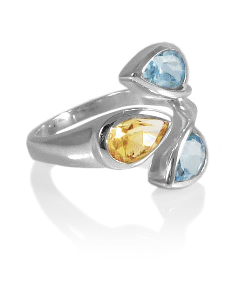Three Stone Leaf Wrap Ring Blue Topaz and Citrine