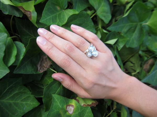 Three Pearl on Three Bands Ring White Pearl