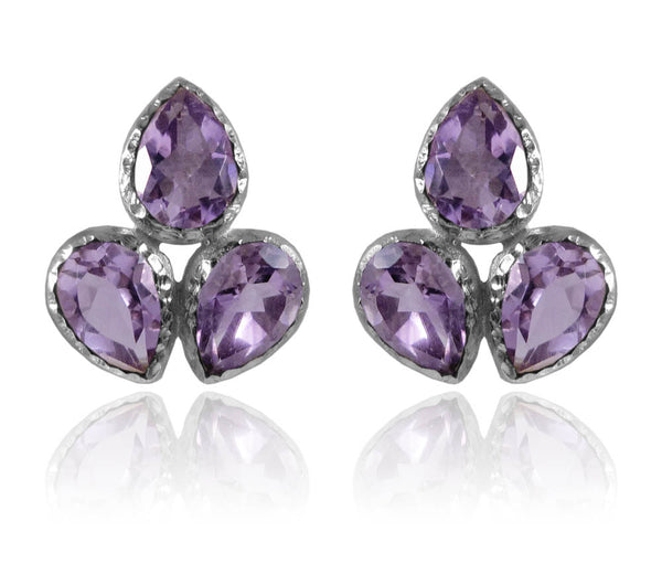 Three Stone Leaf Studs Amethyst