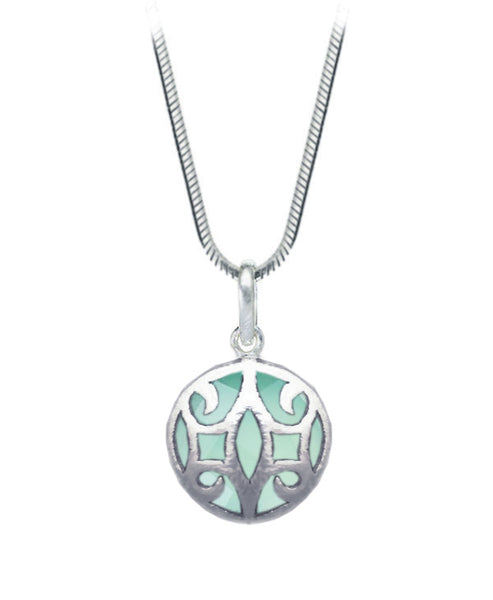 Arabesque Round Cutout Pendant Aqua Chalcedony