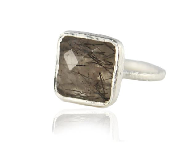 Capri Large Stackable Square Ring Black Rutile Quartz