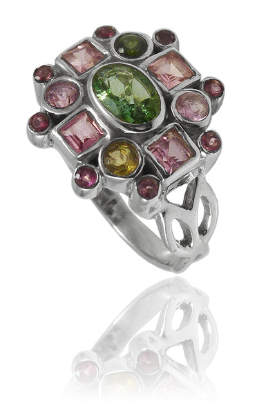 Geometric Cross Ring Mixed Tourmaline Size 7