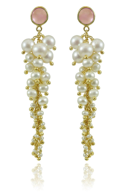 Italian Cascade Cluster Pearl Earrings Rose Quartz