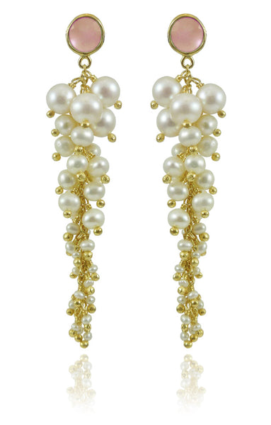 Italian Cascade Cluster Pearl Earrings Rose Quartz
