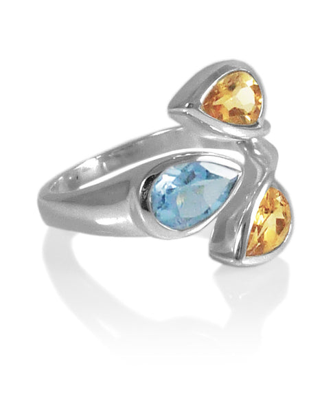 Three Stone Leaf Wrap Ring Blue Topaz and Citrine