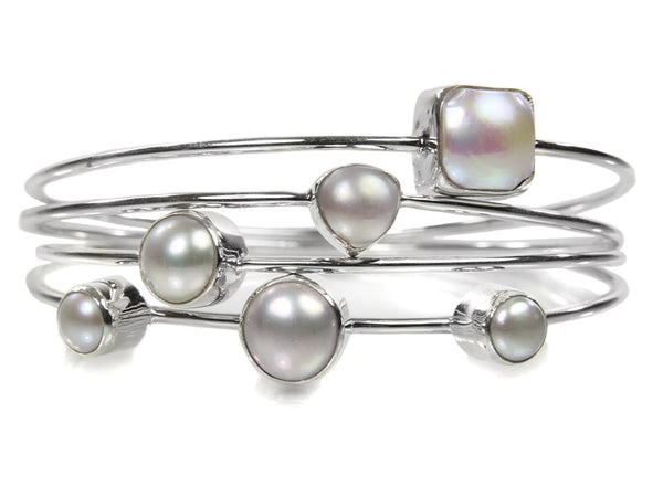 Four Stacked Jaipuri Stone Bangles White Pearl