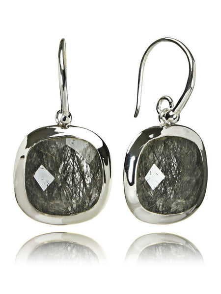 Framed Rounded Square Classic Earrings Black Rutile Quartz