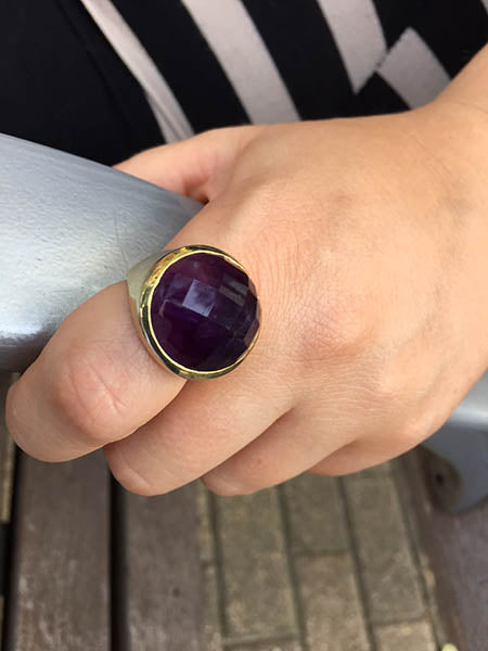 18K Gold Plated Medium Faceted Circle Cocktail Ring Amethyst