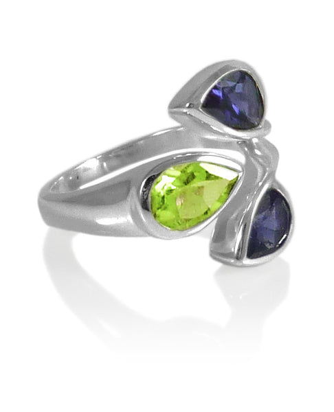 Three Stone Leaf Wrap Ring Peridot and Iolite