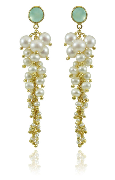 Italian Cascade Cluster Pearl Earrings Aqua Chalcedony