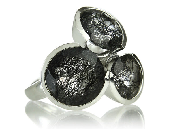 Three Circle Cluster Cocktail Ring Black Rutile Quartz