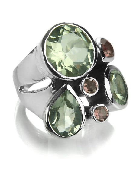 Slim Flower Cocktail Ring Green Amethyst and Smokey Quartz