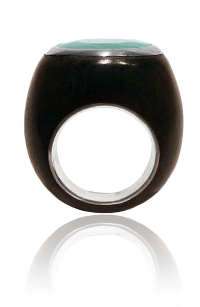 Mexican Art Deco Ebony Cocktail Ring Aqua Chalcedony