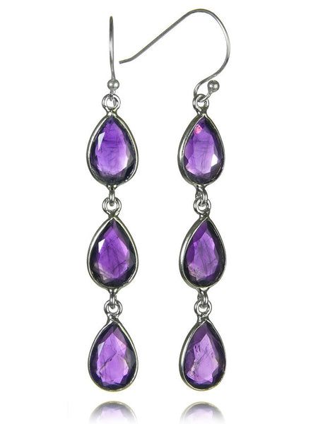 Jaipuri Three Stone Tear Drop Earrings (Amethyst)